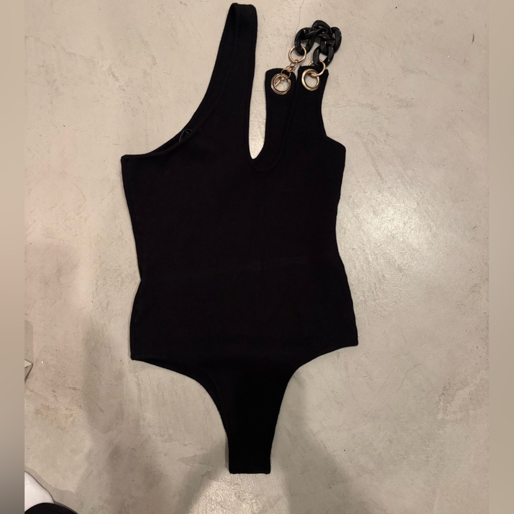 JLUXLABEL Black Asymmetrical Bodysuit